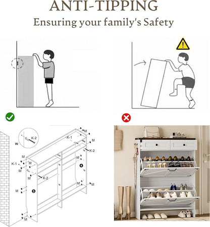 Shoe Cabinet with Odor Control Deodorizer and Back Panel, Farmhouse Narrow Shoe Storage Cabinet Rack for Entryway with 2 Flip Drawers and 2 Top Drawers, Adjustable Shelves, Side Hooks