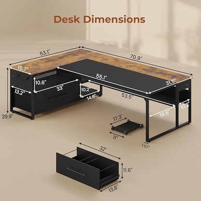 71" Executive Desk, Large Office Desk with Widen File Drawers & Power Outlets, Reversible L Shaped Computer Desk Corner Desk with Storage Shelves, CPU Stand, Hooks, Business Furniture