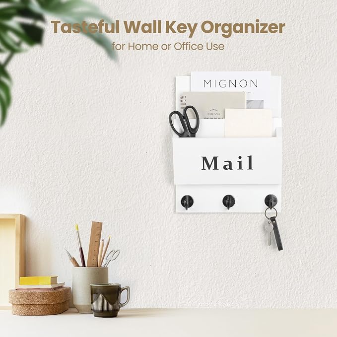 Mail and Key Holder - Decorative 8.86" x 11.42" Wall Key Hanger with 2 Mail Organizer Slots and 3 Hooks - Real Paulownia Wood with Keyhole Brackets, Hardware and Instructions (White)