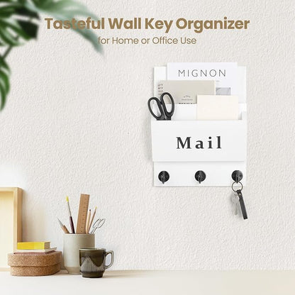 Mail and Key Holder - Decorative 8.86" x 11.42" Wall Key Hanger with 2 Mail Organizer Slots and 3 Hooks - Real Paulownia Wood with Keyhole Brackets, Hardware and Instructions (White)
