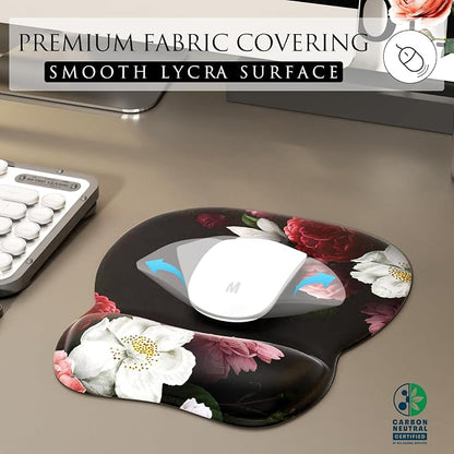 MROCO Ergonomic Mouse Pad with Gel Wrist Rest, 9.4 x 8.1 in, Black Flower | Ergonomic Shape Design, Multiple Pattern Options, Gel Wrist Comfort, Smooth Lycra Surface, Non-Slip PU Base