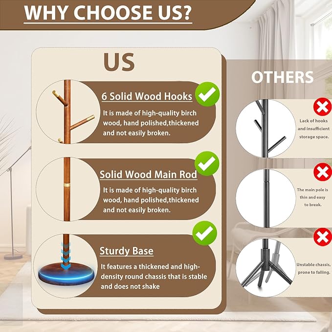 Solid Wooden Coat Rack Stand, Coat Racks Freestanding with 6 Hooks, Natural Birch Wood Coat stands with Sturdy Round Base, Tree Coat Hanger Standing for Entryway Bedroom Office (Tree Design2)