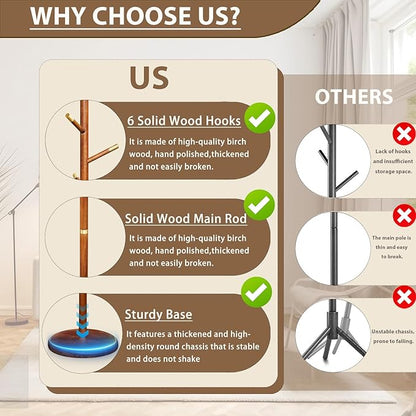 Solid Wooden Coat Rack Stand, Coat Racks Freestanding with 6 Hooks, Natural Birch Wood Coat stands with Sturdy Round Base, Tree Coat Hanger Standing for Entryway Bedroom Office (Tree Design2)