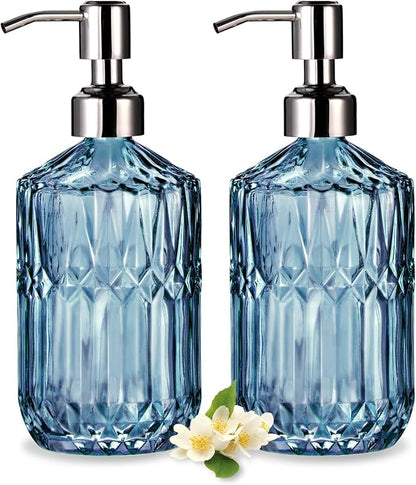 COHOSEGE 17 Oz Blue Glass Kitchen Soap Dispenser for Dish Soap, 2 Pack Bathroom Soap Dispenser Set with Silvery Rust Proof Pump for Lotion, Hand soap or Body Wash