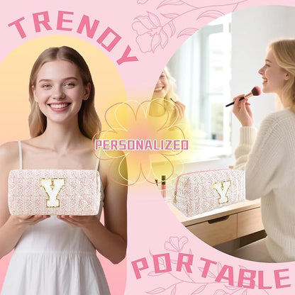 Personalized Quilted Cosmetic Bag, Puffy Monogrammed Christmas Birthday Gifts for Women & Girls, Cute initial Floral Makeup Bag Puffer Coquette Bag, Aesthetic Travel Toiletry Zipper Pouch(Pink,Y)