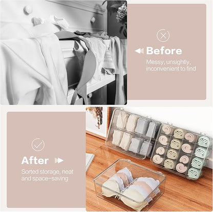 DILIBRA Socks Underwear Drawer Organizer for Closet, 16 Compartment Removable Divided Plastic Clear Sock Storage Box with Lid, Underwear Storage Tie Organizer Box for Bra Socks Ties Scarf Tea Bag