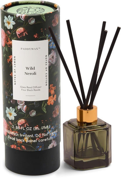 Paddywax Botanica Scented Oil Diffuser with Reeds in Reusable Greeen Glass Bottle, Tubed Gift Box, Includes Diffuser Sticks, Long-Lasting Fragrance, Reusable & Upcyclable, Wild Neroli, 2.8 fl oz