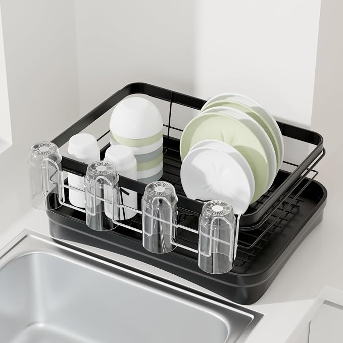 12 Inch Stainless Steel Cup Drying Rack with 4 Hooks, Kitchen Mug Holder Organizer for Glasses, Baby Bottles, Travel Mugs, Dishwasher Safe Kitchen Drainage Basket