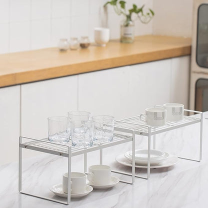 Shantton 2Pack Kitchen Cabinet Shelf Counter Organizer Rack Pantry Storage Bathroom Bedroom Office Table Desk Space Saving Stackable Rust Resistant Non Slip White Wide L13.1in W10.6in H7.3in