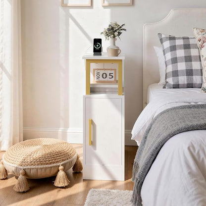 Narrow Nightstand, Bedside Table with Charging Station, Skinny End Table with Cabinet, Modern Night Stand for Small Spaces, Bed Side Cabinet for Bedroom, White and Gold ET27UDW