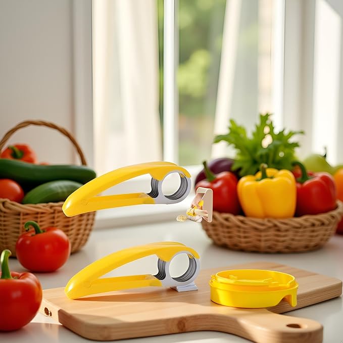 2Pcs Yellow Food Manual Slicer, Stainless Steel Food Slicer, Banana Strawberry Cucumber Carrot Egg Vegetable Fruit Multifunctional Slicer, Handheld Portable Small Food Slicer Mandolines and Slicers