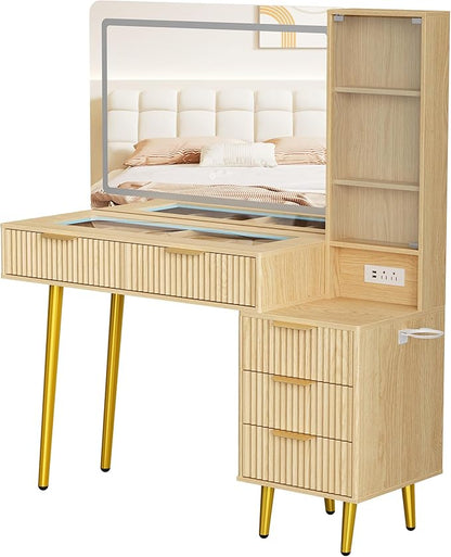 GarveeHome Fluted Makeup Vanity Desk with Lights, 48 in Big Vanity with Glass Top and Large 36" HD Lighted Mirror, Modern Dressing Table with 5 Drawers 3-Tier Shelves Set w/Charging Station (Oak)