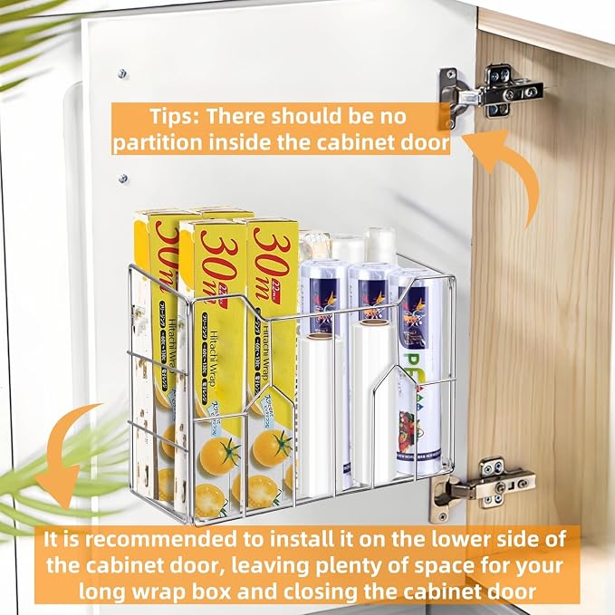 Cididu 2 Pack Kitchen Wrap Organizer Rack Wall Mount, Cabinet Door Organizer Storage, Wall Rack Basket Sturdy Steel Wire, Tall Inside Cabinet Holder for Aluminum Foil Plastic Wrap Wax Paper