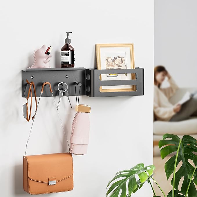 Key and Mail Holder for Wall, Key Hooks Rack Hanger Organizer Wall Mount with Small Shelf, Metal Entryway Living Room Storage Decor for Coat Purse Bag Wallet Dog Leash, White