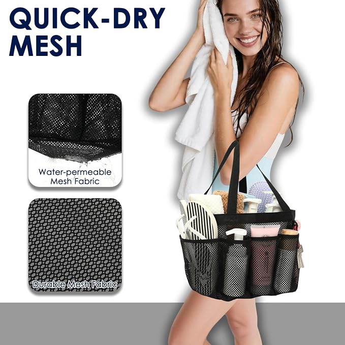 GYEUKHAM Mesh Shower Caddy Portable for College Dorm, Quick Dry Hanging Shower Bag with 8 Pockets, Bathroom Tote Organizer for Gym, Travel, Camping, Black