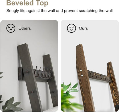 TEAKMAMA 6-Tier Blanket Ladder for Living Room and Bedroom,5.4 Ft Wall Leaning Quilt Rack with Hooks,Rustic Decorative Farmhouse Blanket Storage,Ladder Holder,Christmas Decorations,Rustic Brown