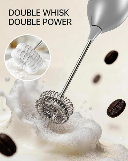 CIRCLE JOY Rechargeable Milk Frother Handheld with Stand, Dual Spring Whisk Electric Foam Maker, Detachable Hand Frother Wand Drink Mixer for Lattes, Cappuccino, Macchiato, Hot Chocolate, Silver