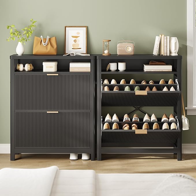 AOGLLATI Shoe Cabinet Storage,Narrow Fluted Shoe Rack Cabinet with 2 Flip Drawers, Wooden Freestanding Organizer with Open Storage Space for Entryway,Black
