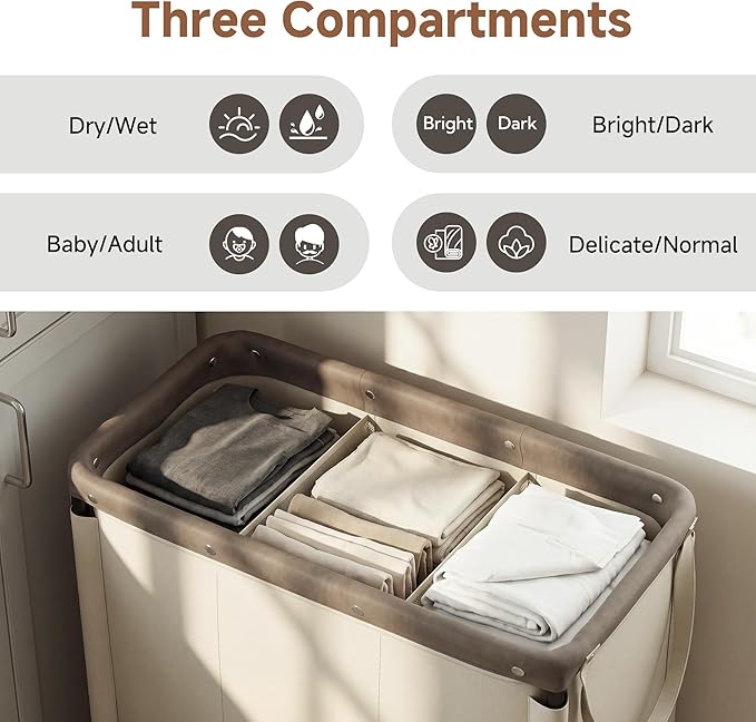 StorageWorks 3 Section Laundry Hamper, Rolling Laundry Cart with Wheels and Handles, Laundry Room Double Sorter for Organizer and Storage, 31.7 Gal(120L), Light Khaki