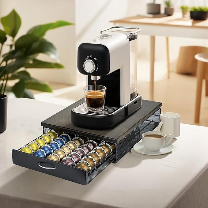 HiveNets for Vertuo Coffee Capsule Storage Drawer Compatible with Nespresso Vertuoline Pods Holder Metal and Wood Top Organizer (can hold 50 Pods)