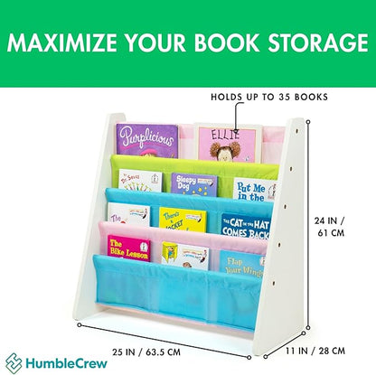 Humble Crew 4-Tier Kids Bookshelf, White Wood/Pastels - Premium Book Shelf for Kids Rooms with Four Deep Pockets - Toddler Sling Book Rack with Deep Sleeves, Nursery Bookcase Organizer
