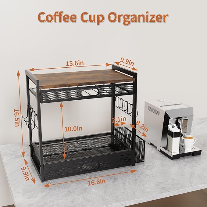 Coffee Bar Organizer Station with CoffeePod Drawer Mug Cup Holder and Tea Condiment Storage for Countertop Organizer CoffeeBar Accessories for Kitchen,Home,Office