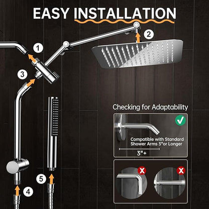 Veken All Metal 10" Shower Head with Handheld, Luxurious Square Double Rain Shower Heads with Spray Combo, Dual High Pressure Detachable Rainfall Showerhead with Extension Arm, Long Hose,Chrome,Sliver