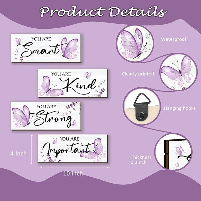 DONFENTHY 4 Pcs Butterfly Wall Decor Purple Room Decor Wooden Positive Butterfly Inspirational Word Sign for Teen Girls Women Bathroom Bedroom Office(Purple,10x4 Inch)