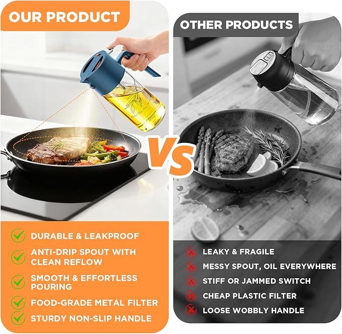 2Pcs 17oz Premium Olive Oil Sprayer for Cooking, 2 in 1 Glass Olive Oil Dispenser Bottle for Kitchen Gadgets, Spray Bottle with Portion Control for Salad, Frying, BBQ (Black & Blue)