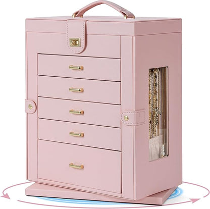 AKOZLIN 360° Rotating Jewelry Box 6-Tier Organizer Functional Jewelry Storage Case for Women Girls Ring Necklace Earring Bracelet Holder with Mirror Pink