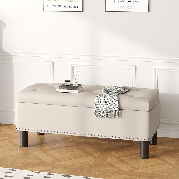 Furniliving Large Storage Ottoman, Beige, Wood Frame, Linen Fabric, 285 Lbs Capacity