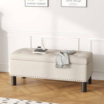 Furniliving Large Storage Ottoman, Beige, Wood Frame, Linen Fabric, 285 Lbs Capacity