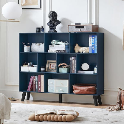 LEYAOYAO 10 Cube Bookshelf, 3 Tier Vintage 55" Wide Bookcase with Legs, Mid-Century Wood Bookshelves Storage, Dark Blue Large Book Case, Freestanding Organizer Display Shelf for Living Room, Office