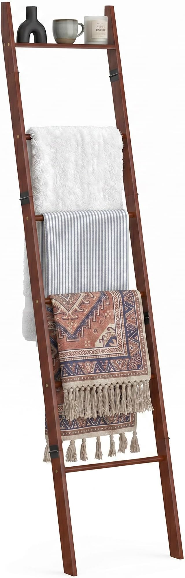 6 Tier Brown Blanket Ladder with Shelf, Wooden Blanket Rack for Living Room, Leaning Towel Ladder Rack for Bedroom, Bathroom, Quilts, Throws, Towels and Farmhouse Décor