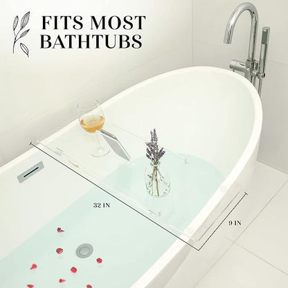 32" Supreme - Clear Acrylic Bathtub Tray Caddy Tub Shelf, Spa Board Luxury Bathroom Bath tub Table, Fits Across Bathtubs, Book, iPad and Wine Glass Holder (Supreme, 32")