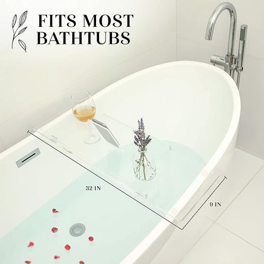 32" Supreme - Clear Acrylic Bathtub Tray Caddy Tub Shelf, Spa Board Luxury Bathroom Bath tub Table, Fits Across Bathtubs, Book, iPad and Wine Glass Holder (Supreme, 32")