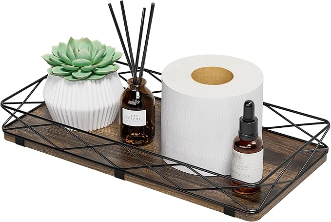 Toilet Paper Basket Holder, 13" Bathroom Tray Countertop, Wood and Metal Toilet Tank Tray Bathroom Vanity Organizer for Toiletry, Kitchen Sink Organizer for Soap Dispenser (Brown+Black)