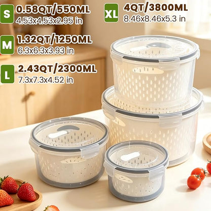 TBMax 8 Pieces Airtight Fruit Storage Containers for Fridge with Air Circulation Vent, 4 Pack Round Produce Saver with Colander for Berry Lettuce Salad Vegetable Storage, Refrigerator Organizers
