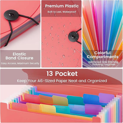 13 Pocket A6 Receipt Organizer, 2 Pack Small Accordion File Organizer, Coupon Organizer with Labels - Pink