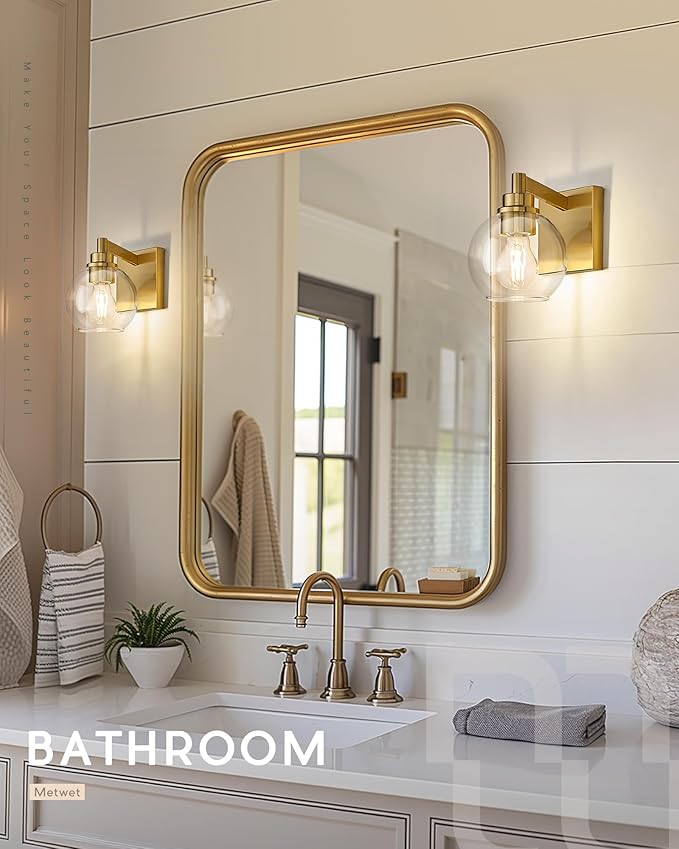 Wall Sconces Set of 2, 1-Light Brushed Gold Sconces Wall Lighting with Globe Clear Glass Shade, Modern Bathroom Vanity Light Fixtures for Mirror Bedroom Living Room, VL195-BG-CL-1-2PK