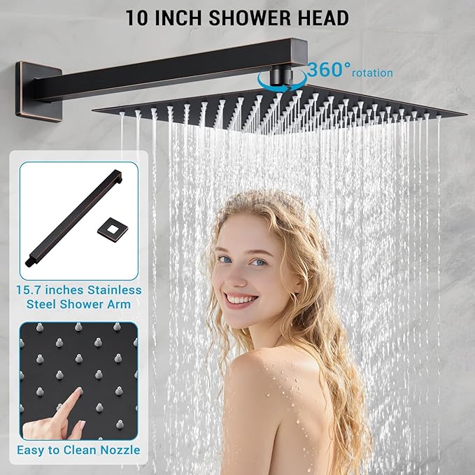 10" Rain Shower Faucet Set with Tub Spout,Oil Rubbed Bronze | Anti-scald cartridge, air tech boosts pressure 50%, 3-func diverter, NPT 1/2