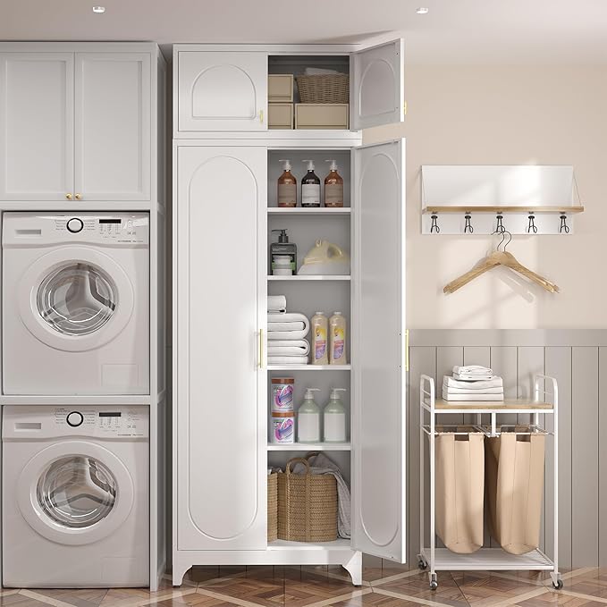 Metal Storage Cabinet and Wall Upper Storage Cabinet,90Inch White Kitchen Pantry Cabinets with 4 Adjustable Shelves,Tall Food Cupboards for Living Room, Dining Room Office