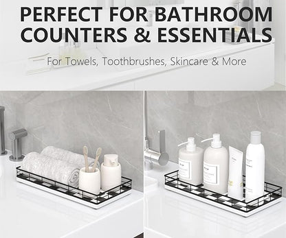 Toilet Tank Tray Organizer – Oak Wood Bathroom Counter Basket with Metal Frame, Back of Toilet or Tank Top Paper Holder Storage – Black & White Modern Decor