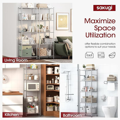 Sakugi Storage Shelves - Set of 2, 5-Tier Metal Shelf Organizer, Space-Saving Garage Shelving with Leveling Feet, Standing Shelves Organizer for Kitchen, Laundry, Pantry (18.4"x12.6"x57.4", Silver)
