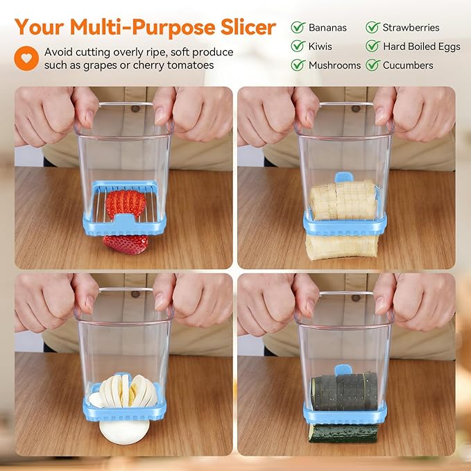 Fruit Slicer Cup for Strawberry, Banana, Hard-Boiled Egg - Detachable Cutter with Push Plate - Rapid & Safe Slicing Kitchen Gadget for Quick Meal Prep (Blue)