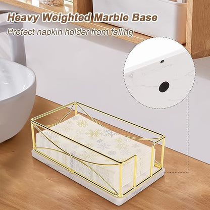 Livabber Guest Napkin Holder, Metal Bathroom Paper Hand Towel Storage Modern Napkin Tray Caddy for Countertop, Table Kitchen, Dinning Room (Gold, Marble Base)