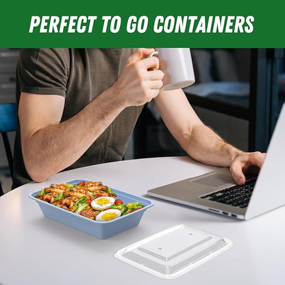 50 Pack (100-Piece) 32 oz Meal Prep Containers Reusable with Easy Open Lids, Sturdy Leakproof Food Safe, Microwave Freezer Dishwasher Safe, To Go Take Out Plastic Food Storage Pans with Lids, Blue