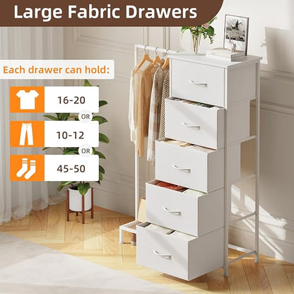 Somdot Dresser with Hanging Rack,5 Drawers Small Closet for Bedroom,Reversible Dresser with Clothes Rack,Kids Dressers for Bedroom Chest of Drawers,Tall Storage Tower,White Leather