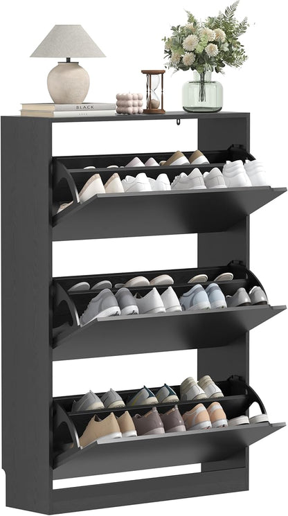 Shoe Cabinet with 3 Flip Drawers, 47" Slim Hidden Wood Shoe Storage Cabinet with Adjustable Shelf, Freestanding Narrow Shoe Rack Organizer for Entryway, Hallway, Black