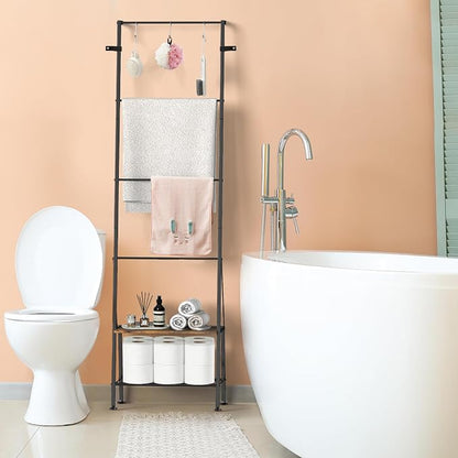 Blanket Ladder, 6-Tier Towel Holder with Shelf, Blanket Rack Freestanding, Ladder Shelf with Hooks for Towels Clothes Scarves, Standing Towel Rack for Bathroom Living Room Bedroom, Brown